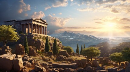 Obraz premium ancient greek temple ruins in mountainous landscape