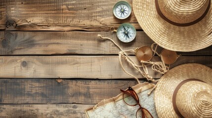A stylish display of a hat, compass, sunglasses, and a map on a wooden table. The wood adds an artistic touch to this collection of travel essentials AIG50
