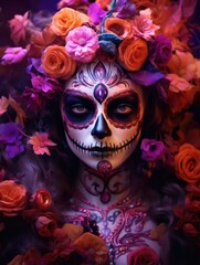vibrant day of the dead makeup and floral portrait