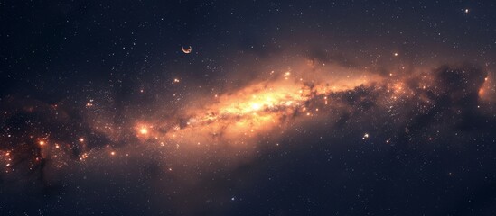 A cosmic galaxy twinkling with countless stars and swirling gas clouds, bathed in the brilliance of a vivid orange light