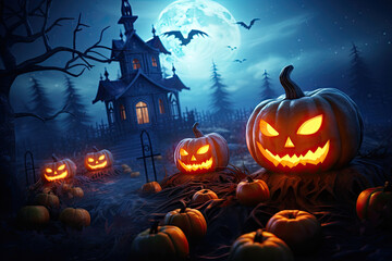 Spooky Halloween night scene with glowing jack-o-lanterns in the foreground and a haunted house under a full moon.