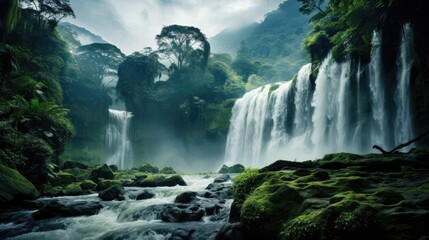Majestic Waterfall in Lush Green Jungle Landscape
