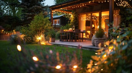 Summer evening on the patio of beautiful suburban house with lights