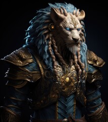 Powerful fantasy lion warrior in golden armor