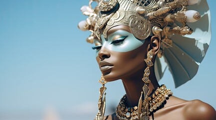 Ornate headpiece and jewelry on woman's face