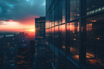 Dramatic cityscape showing modern office buildings with reflective glass facades against a sunset backdrop.
