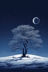 Serene winter landscape with a lone tree under a full moon