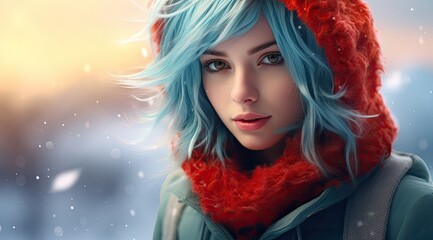 winter fashion portrait of woman with blue hair