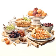 Composition with fruits and pastries. Watercolor hand drawn illustration