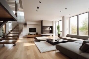 Fototapeta premium a living room with a fireplace and a staircase