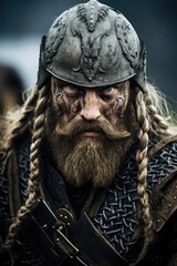 Fierce Viking warrior with braided beard and battle helmet