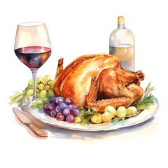 Watercolor illustration of roasted turkey with wine on a white background.