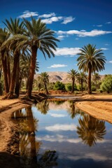 Oasis in the desert with palm trees and reflection