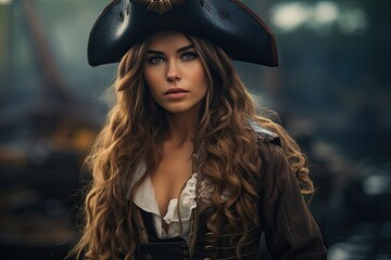 Fototapeta premium Mysterious pirate woman with curly hair and intense gaze