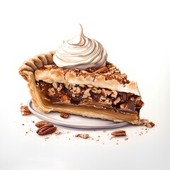 Pecan strudel with whipped cream on a white background