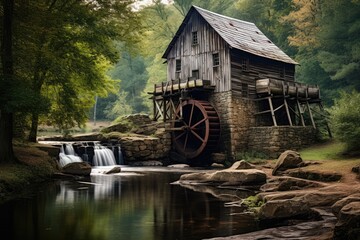 Rustic watermill in lush forest landscape