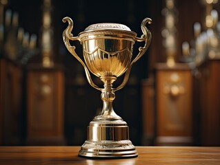 Shiny golden trophy on wooden table