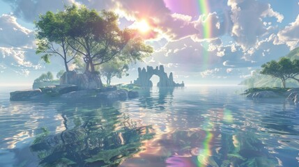 In the center of the Floating Sky Island a crystal clear lake reflects the vast expanse of the sky. The water shimmers with rainbow . .