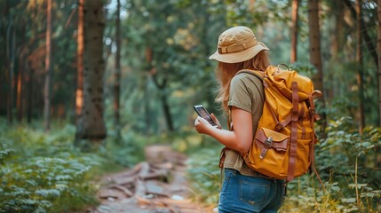 A woman hiker wearing a hat and backpack is operating a smartphone looking at GPS.
