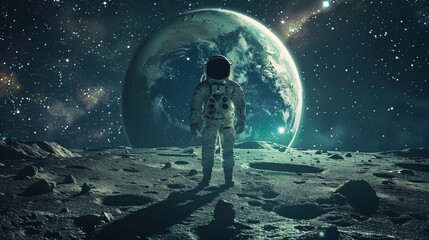 Astronaut walking on the moon and view of the earth in background