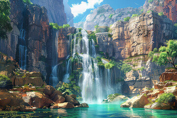 A majestic waterfall cascading down rugged cliffs into a crystal-clear pool below.