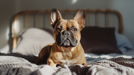 cute brown french bulldog sitting on the bed at home