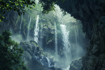 A mysterious cave entrance hidden behind a curtain of cascading waterfalls.