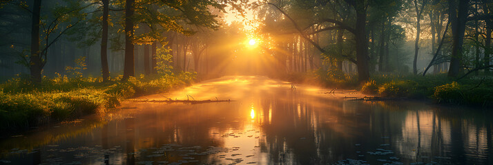 morning in the forest,
Dawn over a canal in spring