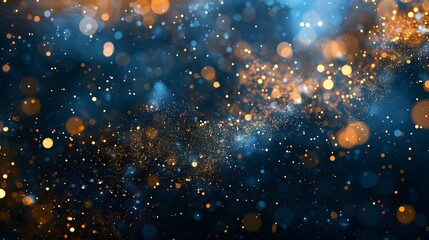 A navy blue background with golden particles features an abstract design. Gold foil texture sparkles amidst the bokeh effect of Christmas lights shimmering.
