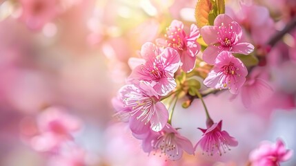 There are several light pink cherry blossoms with white centers on a branch. The background is blurry, with other cherry blossoms out of focus.