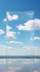 A huge rectangular glass box stands on a flat desert