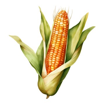 Ripe corn cob with leaves isolated on white background. Watercolor hand drawn illustration