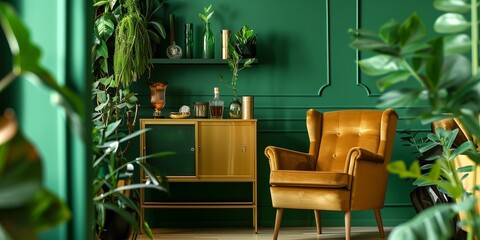 Stylish scandinavian living room interior with beige velvet sofa, coffee table, carpet, plants, furniture, elegant accessories in modern home decor, vintage green teal wall. Template. 