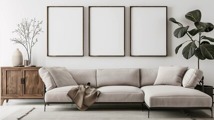 Living room interior in beige colors with three empty big whit frames on the wall for artwork mock...