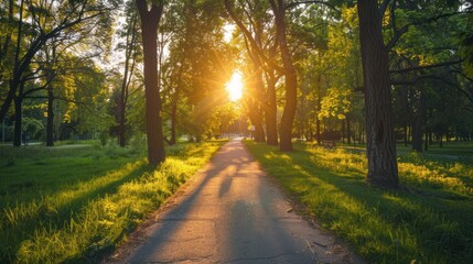 Beautiful road in green forest at sunset in summer. Colorful landscape with woods, bike road, walking people, sun rays, green trees, grass at sunny evening.