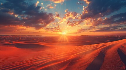 An arid desert landscape with a beautiful sunset.