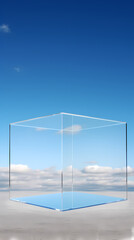 A huge rectangular glass box stands on a flat desert
