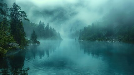 Fog blankets a tranquil lake nestled among trees on a mountain, creating a serene and mystical scene. Generative AI