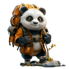 A 3D animated cartoon render of a playful panda guiding lost travelers in the woods.