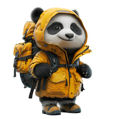 A 3D animated cartoon render of a smiling panda assisting lost explorers to find their way home.
