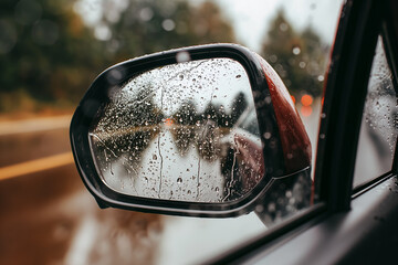 A side view mirror of an SUV with raindrops on it, reflecting the wet road and trees in the rainy weather - Powered by Adobe