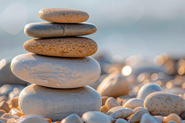 A stack of smooth, round stones were balanced on top of each other in perfect harmony at the beach, sun, summer