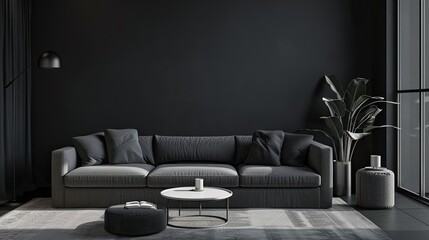 A dark colored living room with a couch, rug, plant, coffee table, and ottoman.