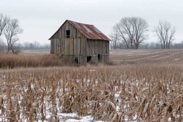 An old barn in the middle of an open field with corn and snow, winter
