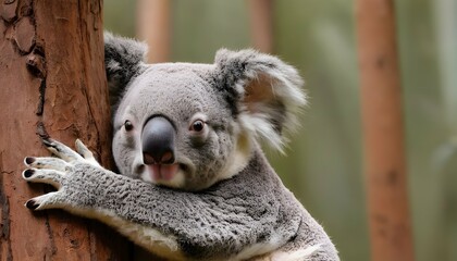 A Koala With Its Arms Wrapped Around A Tree Trunk