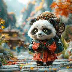 A 3D animated cartoon render of a cheerful panda guiding lost adventurers towards a village.