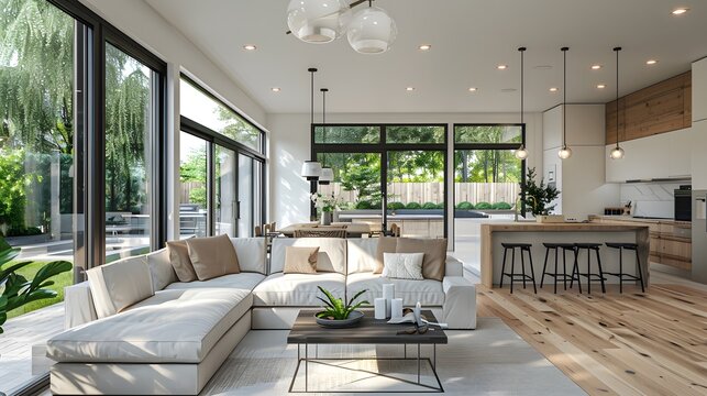 An interior design rendering of a modern living room and dining area in an open concept home with light wood floors, in the style of a minimalist modern interior design.