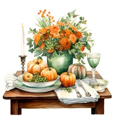 Autumn table setting with pumpkins and flowers. Watercolor illustration