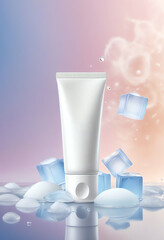 cosmetic cream tube product mockup with ice cube decoration