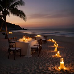 Fototapeta premium the setting for a romantic dinner on the beach lit by the sunset. illustration for banner, poster, social media, web. generative ai